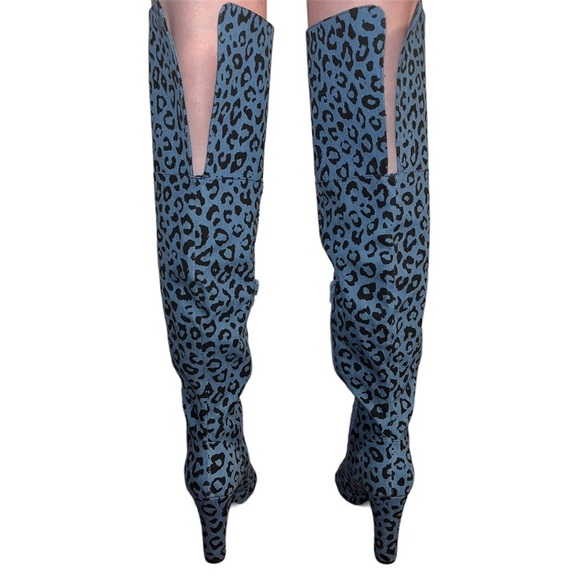 Blue Denim Leopard Over the Knee Boots - Picture 3 of 7